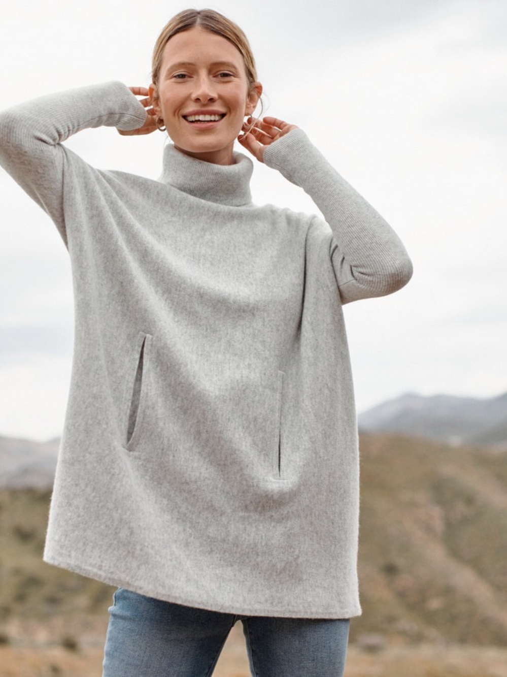 Garnet Hill Gray Cashmere Turtleneck Pocket Sweater